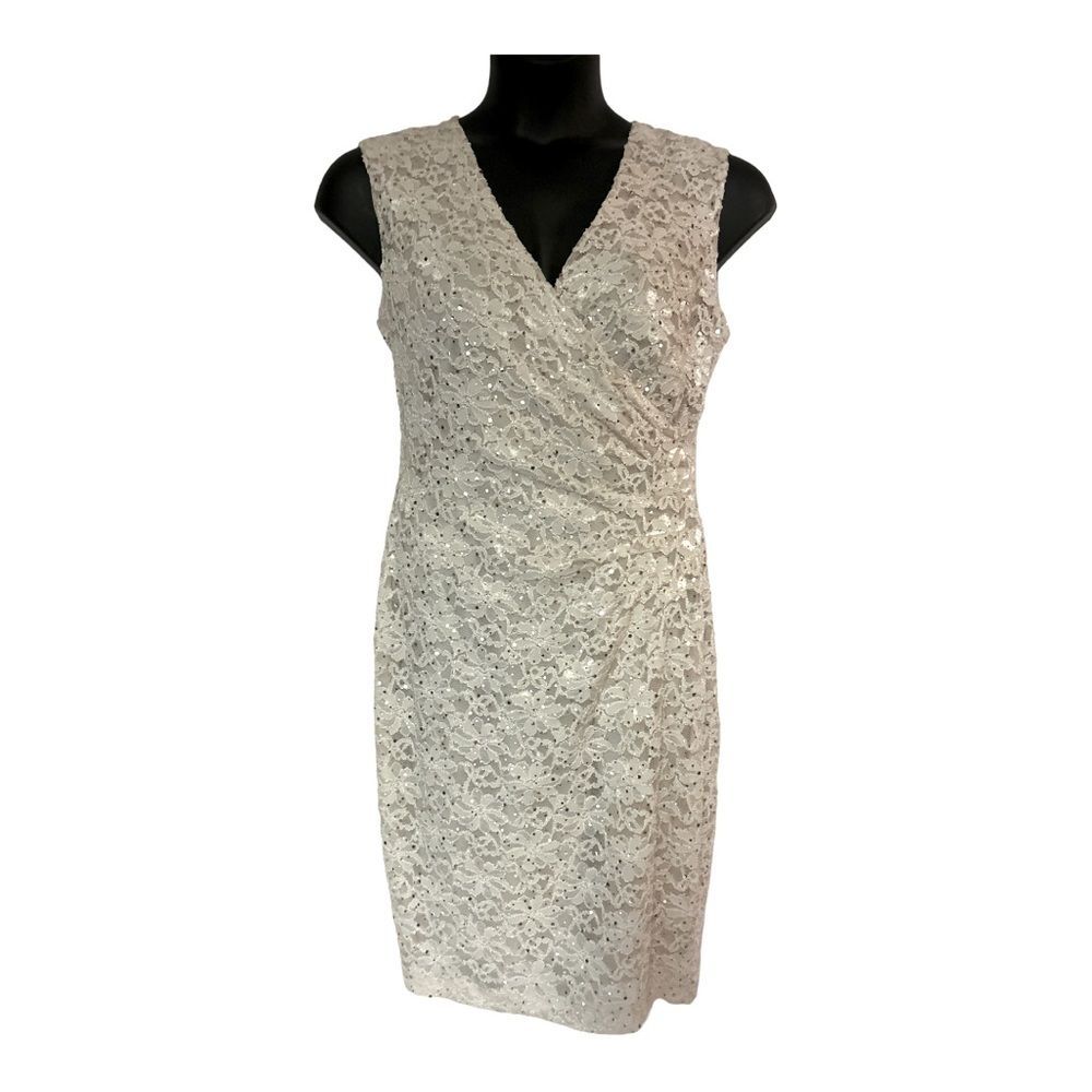 Connected Lace Sequin Side Pleat Ivory Knee Length Sheath Night Out Party Dress - Picture 2 of 16